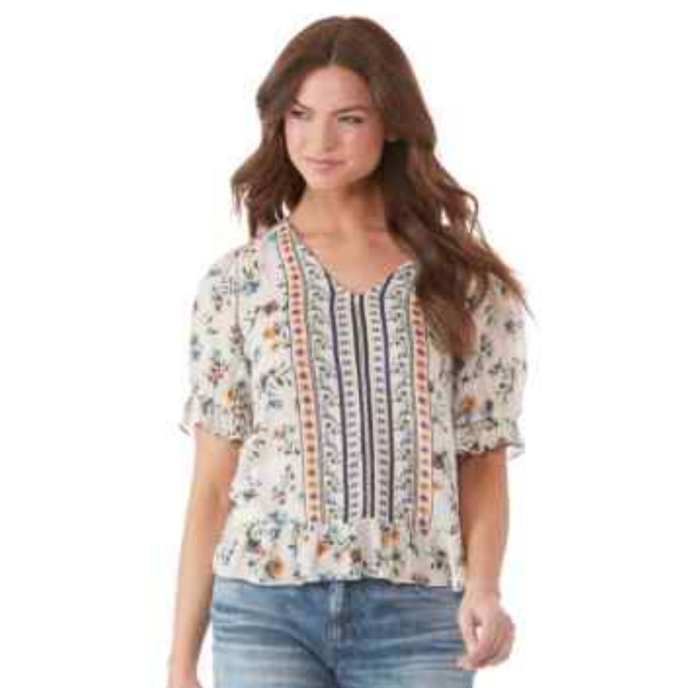 Lucky Brand Cream Floral Peasant Blouse with Multicolor Trim